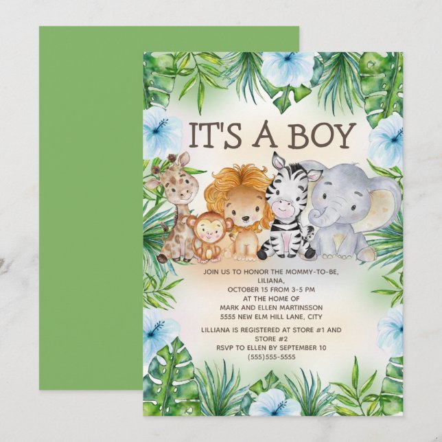 Invitation Cute Jungle Safari Animaux Bébé Garçon Douche (Devant / Derrière)