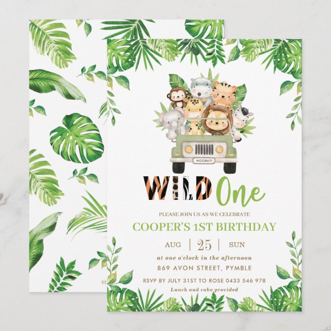 Invitation Cute Jungle Safari Voiture Verdure Anniversaire Sa (Devant / Derrière)