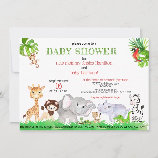 Invitation Cute Jungle Safari Zoo Animaux Baby shower (Devant)