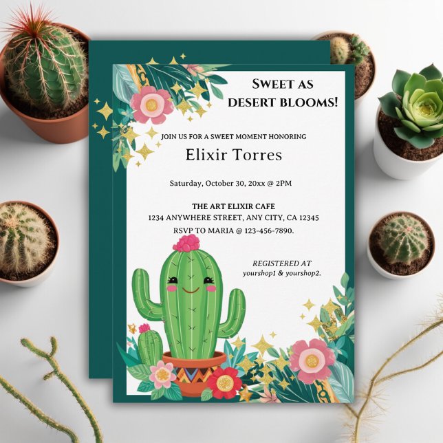 Invitation Cute Kawaii Désert Bloom Floral Cactus Baby shower (Créateur téléchargé)