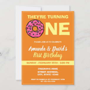 Invitation Cute Kawaii Donut Orange Joint Twin 1er Anniversai