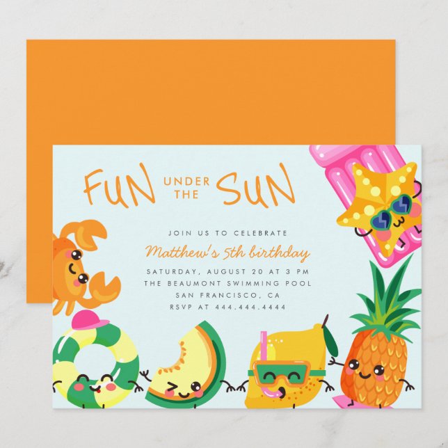 Invitation Cute Kawaii Été Amusement Sous L'Anniversaire de e (Devant / Derrière)