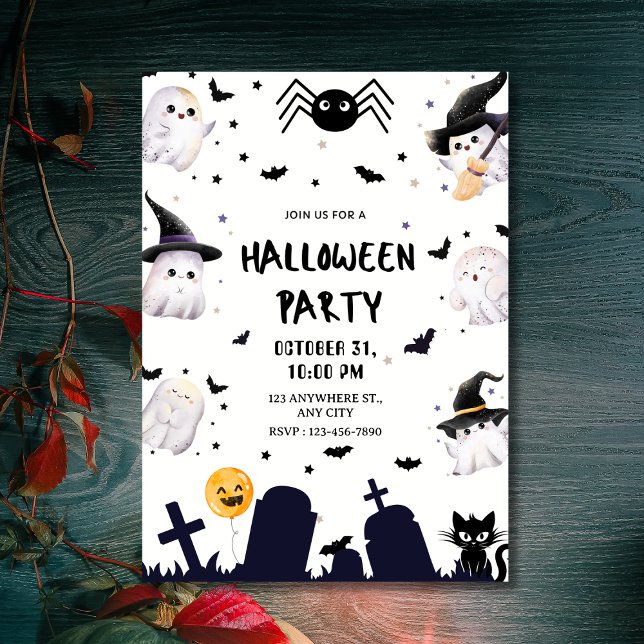 Invitation Cute Kawaii Fantômes et fête d'Halloween du cimeti (Cute Kawaii Ghosts & Graveyard Halloween Party Invitation
)