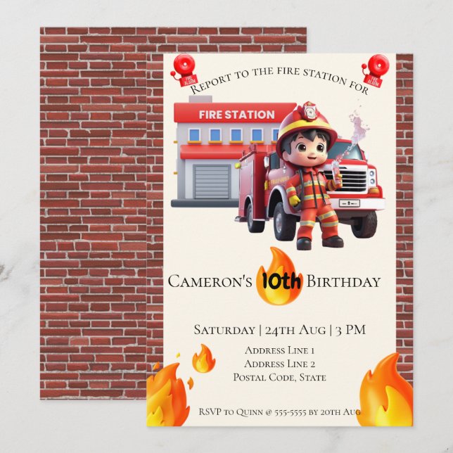 Invitation Cute Kawaii Fire Fighter Boy Anniversaire (Devant / Derrière)