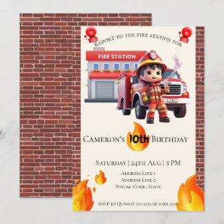 Invitation Cute Kawaii Fire Fighter Boy Anniversaire