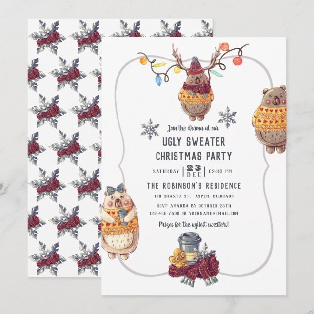 Invitation Cute Kawaii Ours Pull Ugly Noël Fête (Devant / Derrière)