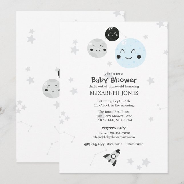 Invitation Cute Kawaii Planète et Baby shower des lunes (Devant / Derrière)