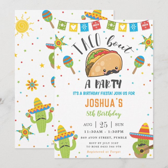 Invitation Cute Kawaii Taco 'Bout a Party Fiesta Anniversaire (Devant / Derrière)
