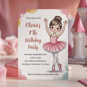 Invitation Cute Kids Ballerina 7e fête d'anniversaire