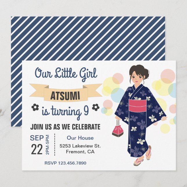 Invitation Cute Kimono Japonaise Fête d'anniversaire Invitati (Devant / Derrière)
