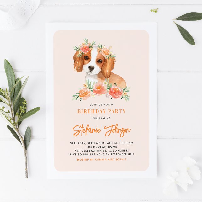 Invitation Cute King Charles Spaniel Pêche Florale Anniversai (Créateur téléchargé)