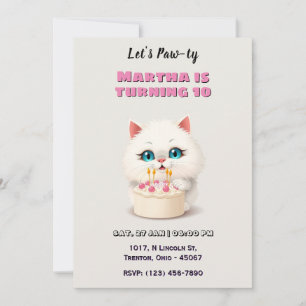 Invitation Cute Kitten blanc avec gâteau d'anniversaire Perso
