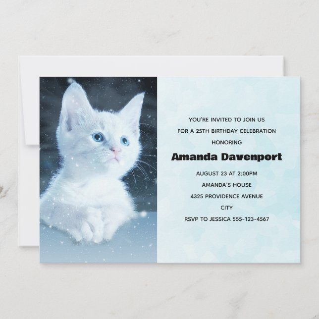 Invitation Cute Kitten blanc avec Joli yeux bleu Anniversaire (Devant)