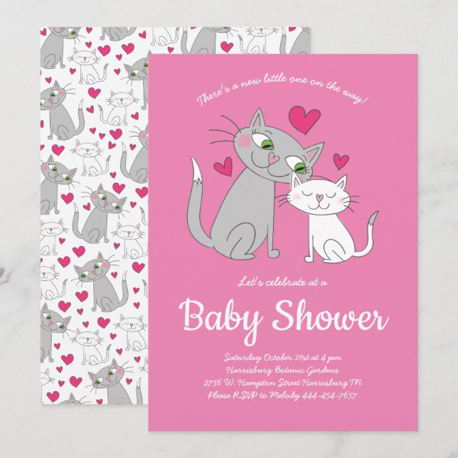 Invitation Cute Kitten Chat Baby shower maman et bébé (Devant / Derrière)