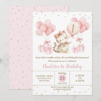 Invitation Cute Kitten Chat Ballons roses 1er 2e 3e anniversa