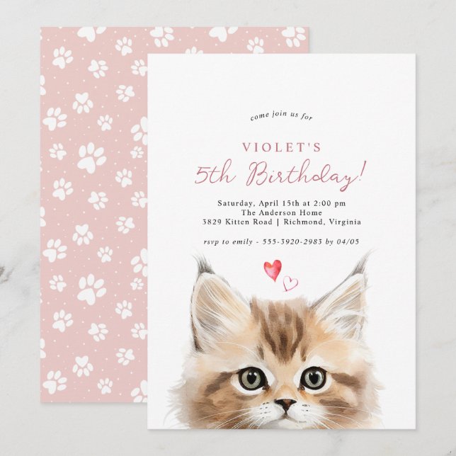 Invitation Cute Kitten | Fête d'anniversaire de la chatte ros (Devant / Derrière)
