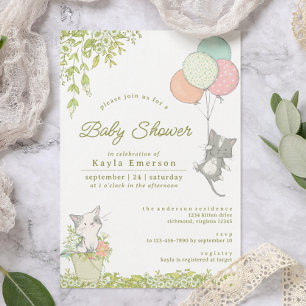 Invitation Cute Kittens & Floral   Baby-Shower printanière ne