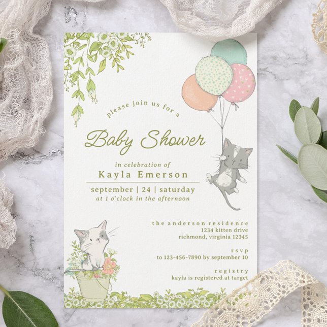 Invitation Cute Kittens & Floral | Baby-Shower printanière ne (Créateur téléchargé)