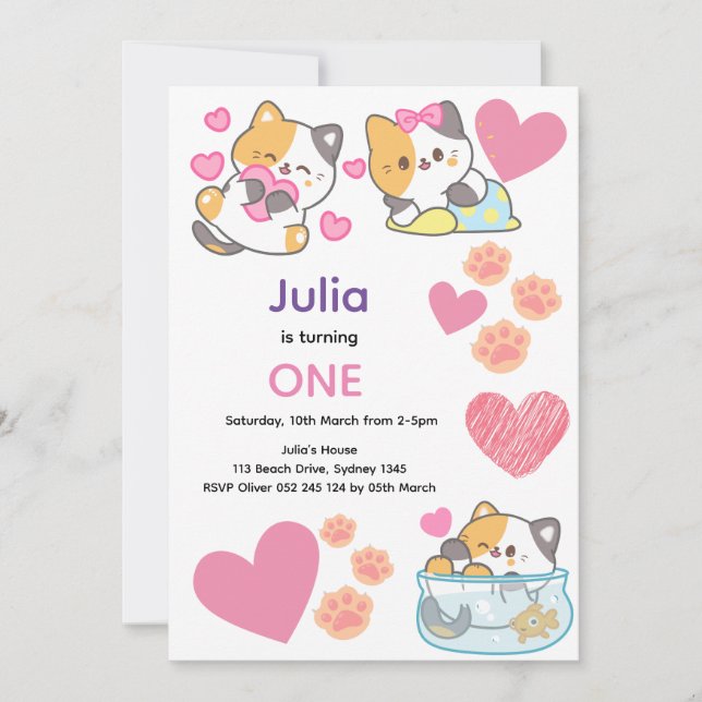 Invitation Cute kitty avec le coeur bébé anniversaire fille (Devant)