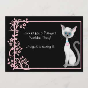 Invitation Cute Kitty Chat et Fleurs roses Anniversaire