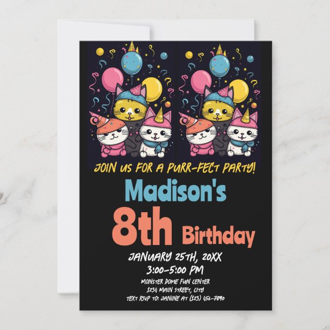 Invitation Cute Kitty Chat Purr-Fect Chats de fête Anniversai (Devant)