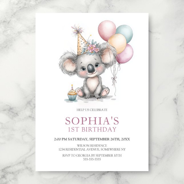 Invitation Cute Koala 1st Birthday Party (Créateur téléchargé)
