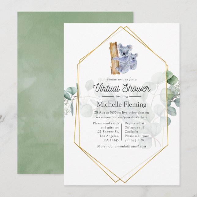 Invitation Cute Koala Bear Eucalyptus Baby shower virtuel (Devant / Derrière)