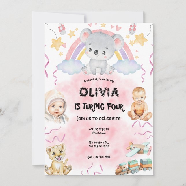 Invitation  Cute koala  Birthday pink (Devant)