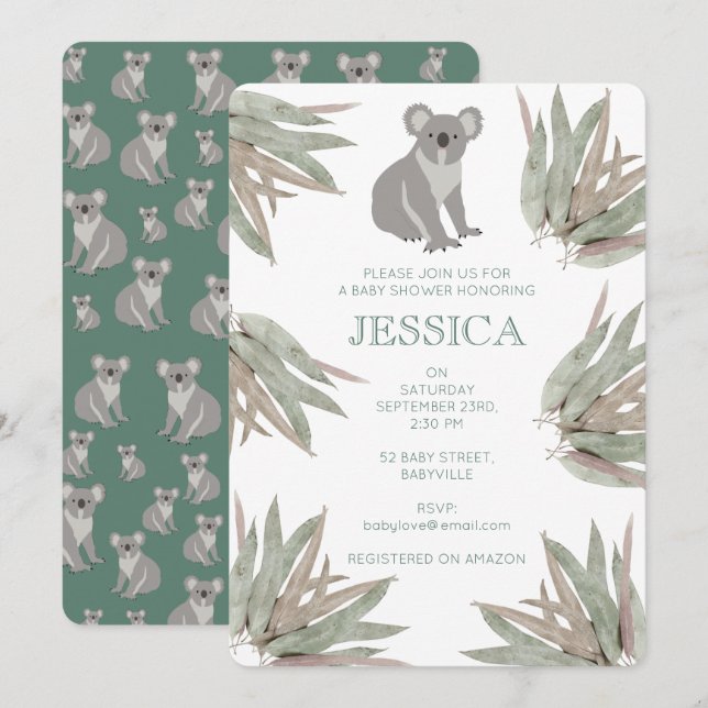 Invitation Cute Koala Eucalyptus Baby shower personnalisé (Devant / Derrière)