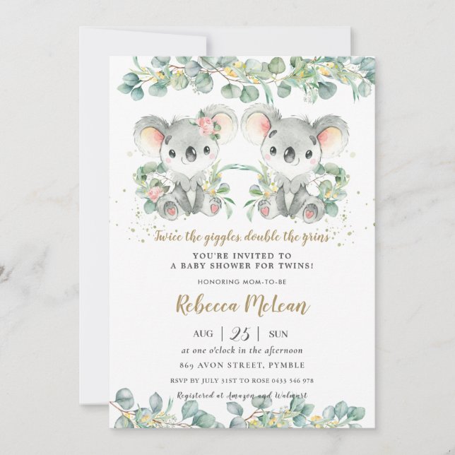 Invitation Cute Koala Green Twins Boy Girl Baby shower  (Devant)