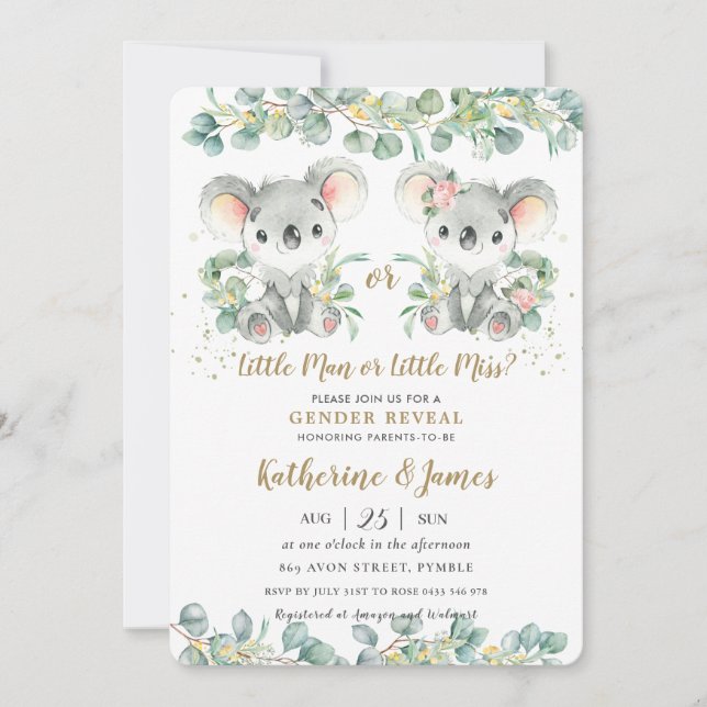 Invitation Cute Koala Greenery Baby shower de révélation de g (Devant)