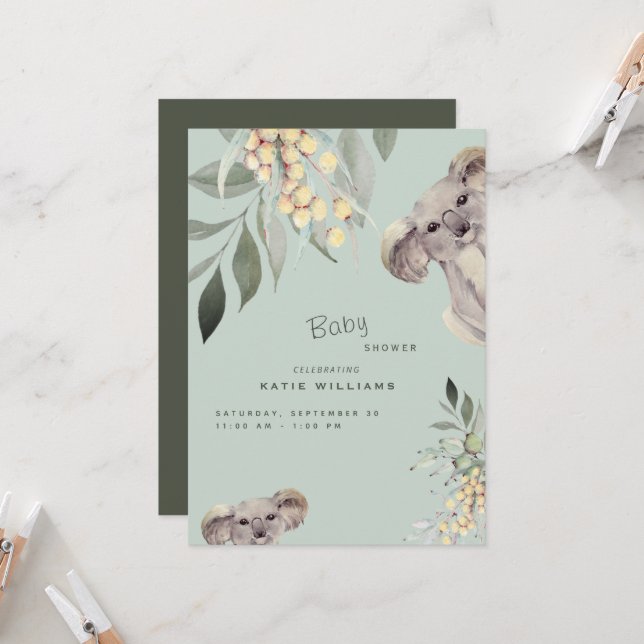 Invitation Cute Koala Monnaie d'ours et Baby shower d'olive (Devant/Arrière en situation)