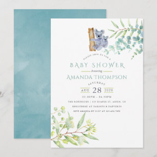 Invitation Cute Koala Oear Eucalyptus Baby shower Feuille