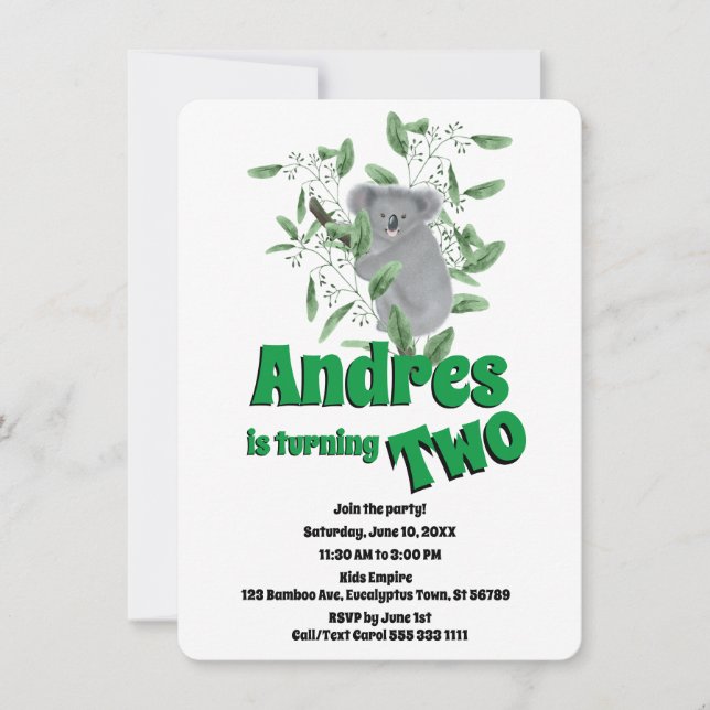 Invitation Cute Koala Oear Eucalyptus Tree 2e anniversaire (Devant)