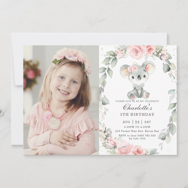 Invitation Cute Koala Rose Floral Vert Anniversaire Photo (Devant)