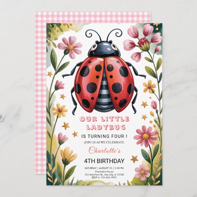 Invitation Cute Ladybug 4th Birthday Party (Devant / Derrière)