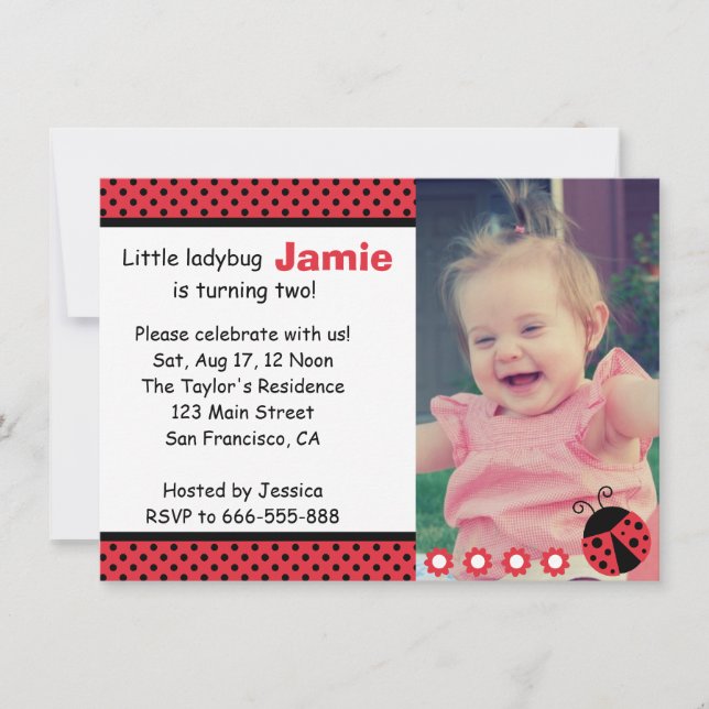 Invitation Cute Ladybug, Deuxième fête d'anniversaire, pois (Devant)