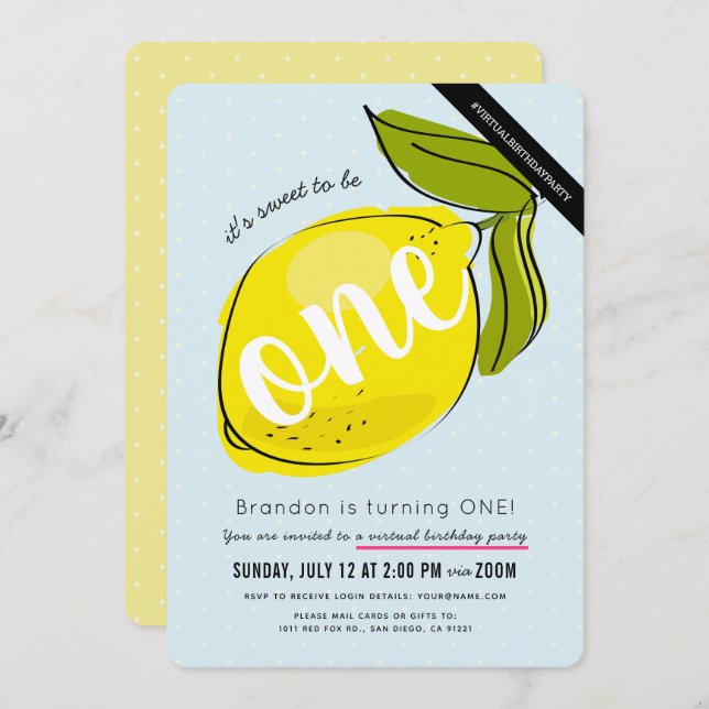 Invitation Cute Lemon Boy Blue Virtual 1er anniversaire (Devant / Derrière)