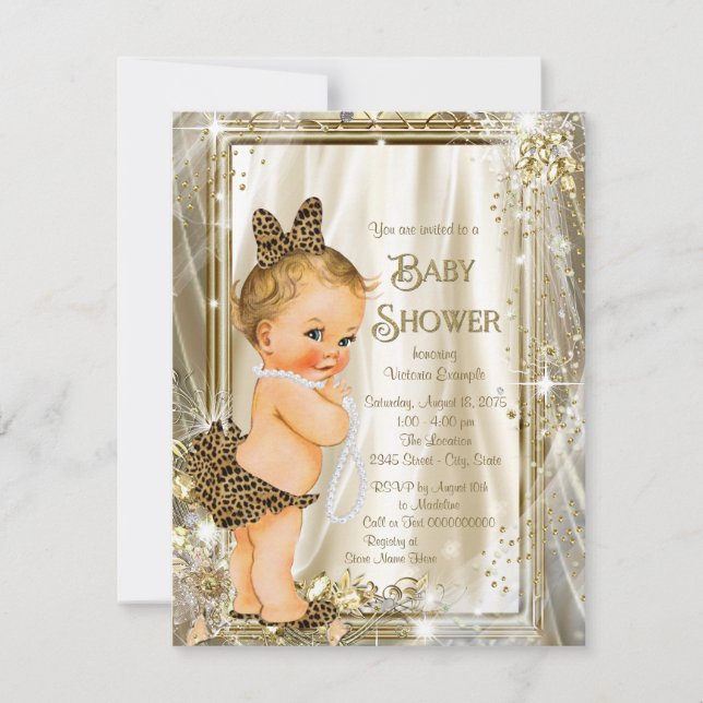 Invitation Cute Leopard Pearl Baby Girl Douche (Devant)