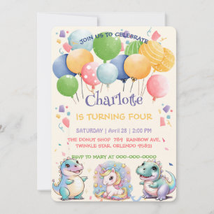 Invitation Cute licorne Dinosaur ami arc-en-ciel Enfants d'an