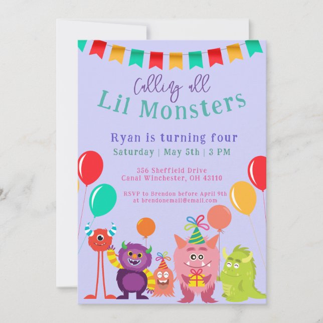 Invitation Cute lil Monster Dessin Violet Anniversaire (Devant)