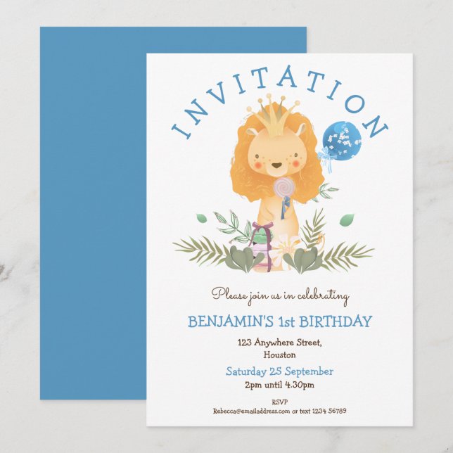 Invitation Cute Lion Feuilles de la Couronne Garçons 1er fête (Devant / Derrière)