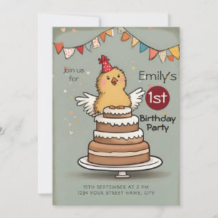 Invitation Cute Little Chicken sur Gâteau 1er anniversaire
