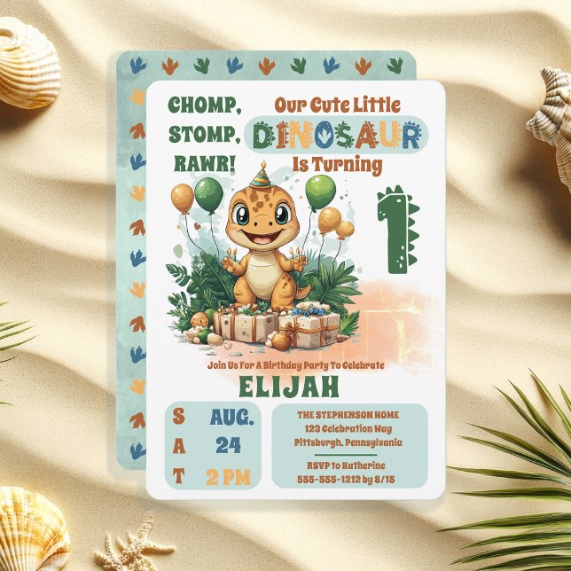 Invitation Cute Little Dinosaur Garçon 1ère fête d'anniversai ("Chomp, Stomp, Rawr!" "Our Cute Little Dinosaur Is Turning 1" 1st Birthday Party Invitation)