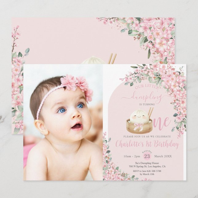 Invitation Cute Little Dumpling Cerry Blossoms 1er anniversai (Devant / Derrière)
