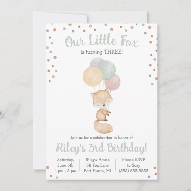 Invitation Cute Little Fox avec ballons fête d'anniversaire (Devant)