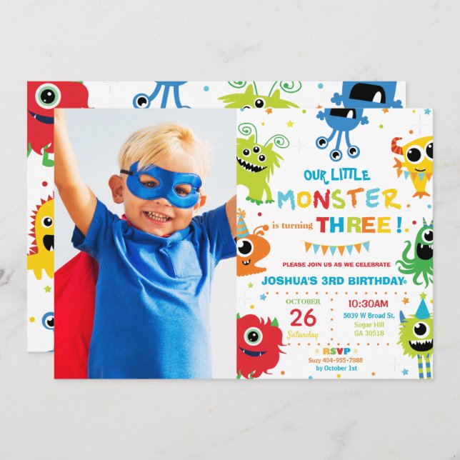Invitation Cute Little Monster Boy 1er Anniversaire Vibrant P (Devant / Derrière)
