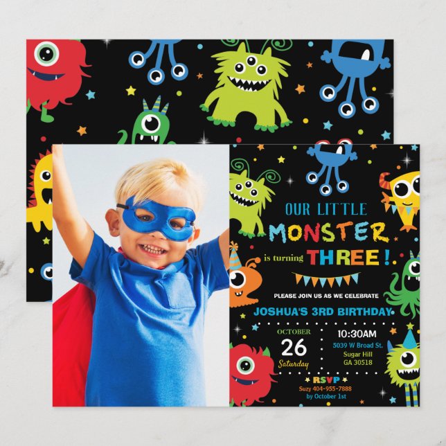 Invitation Cute Little Monster Boy 1er Anniversaire Vibrant P (Devant / Derrière)