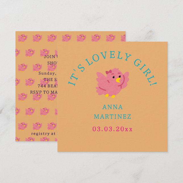 Invitation Cute Little Rose Bird Thème Fille Baby shower (Devant / Derrière)