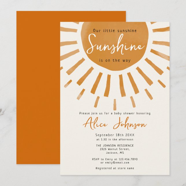 Invitation Cute Little Sunshine Baby shower Boho (Devant / Derrière)
